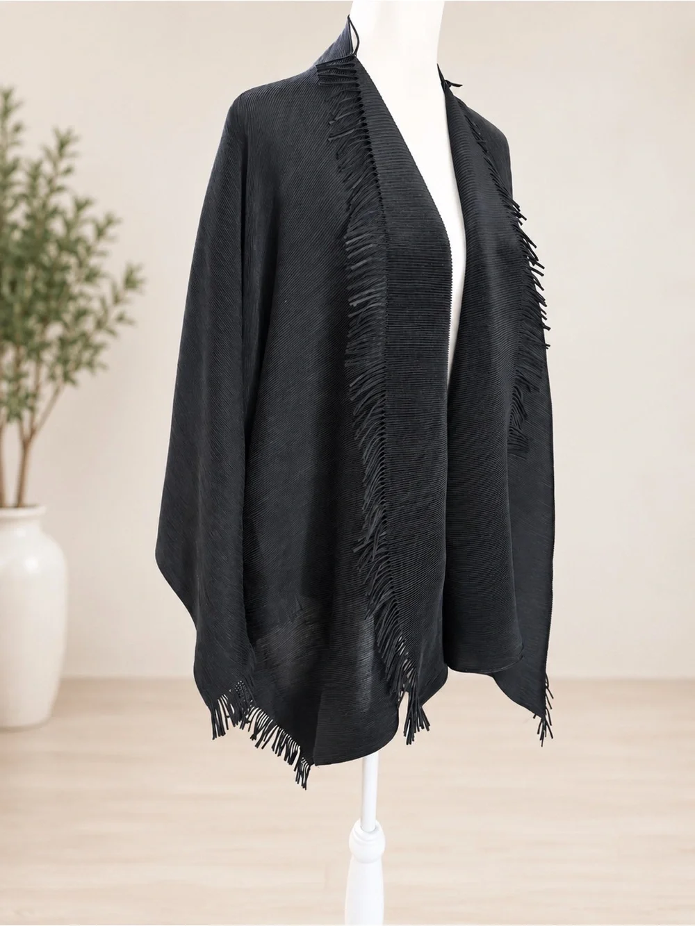 Black Fringed Open Front Shawl Wrap one size